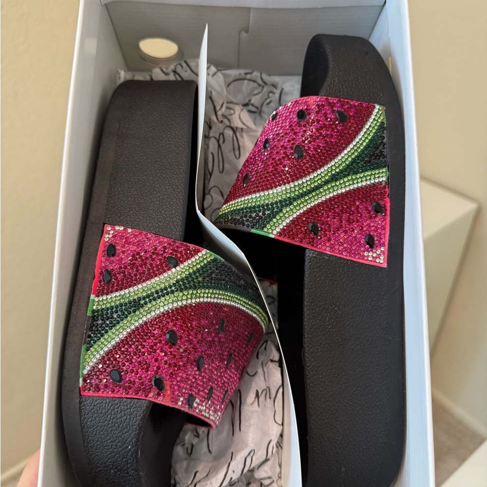 Wild Pair Women’s Pink Watermelon Crystal Slide Sandals